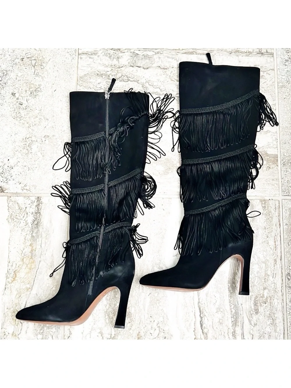 BCBGMaxazria Suede Fringe Heeled Boots, Black Size 7.5 New w/o Box Retail $499